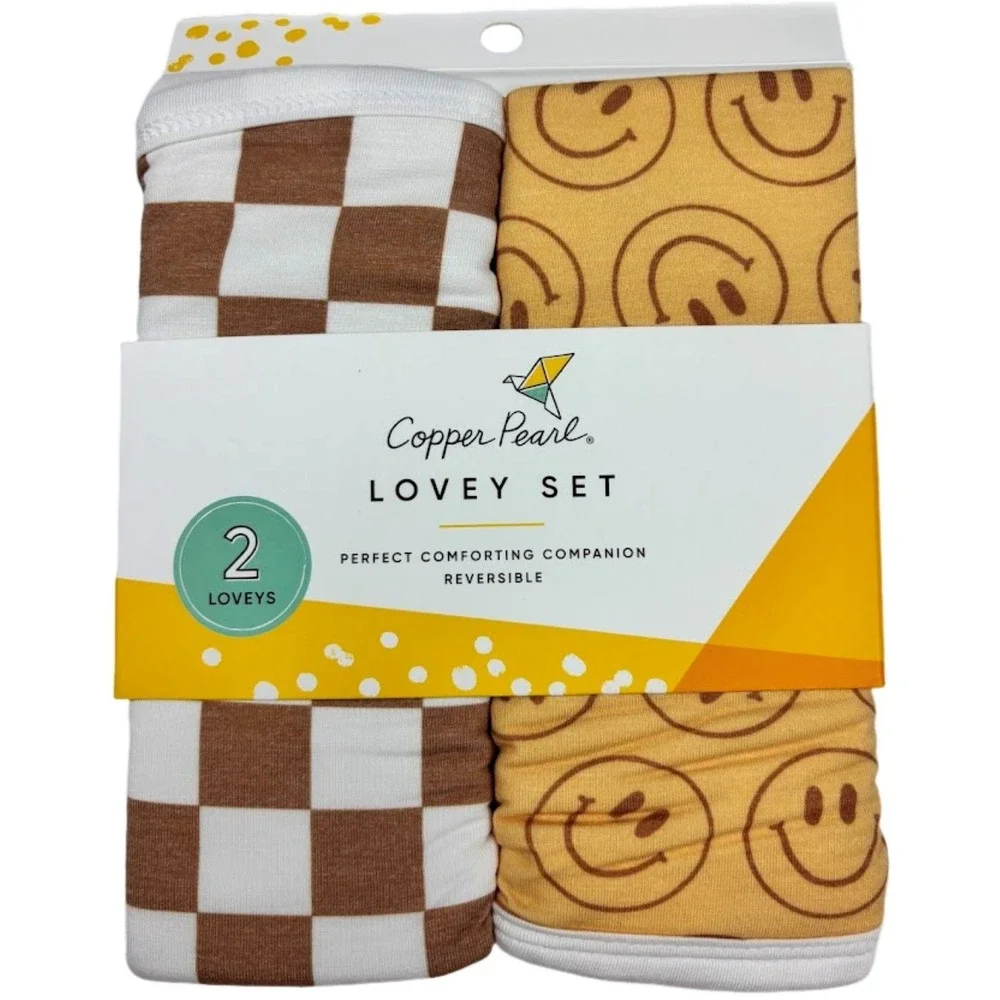 2 Smiley Face Brown White Check 3 Layer Baby Lovey Set Copper Pearl Security NWT